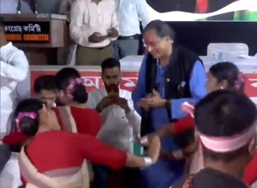 Congress leader Shashi Tharoor arrives in Guwahati, joins Bihu dancers during campaigning
